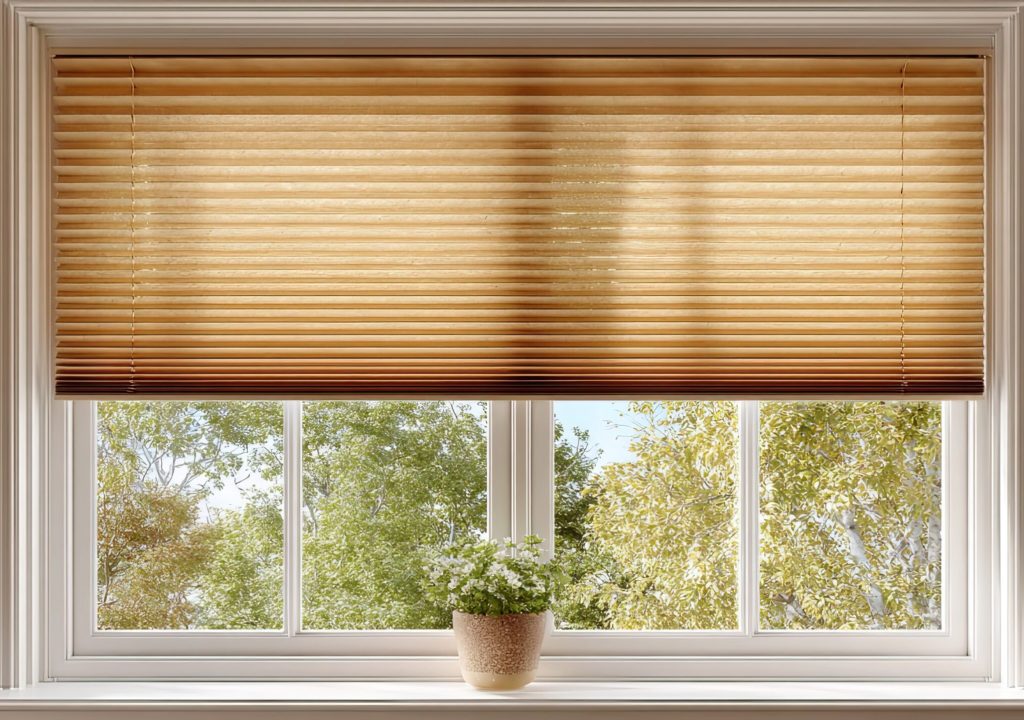 XL beige pleated blinds modern window treatment isolated on white, interior home decor product concept for design and ads